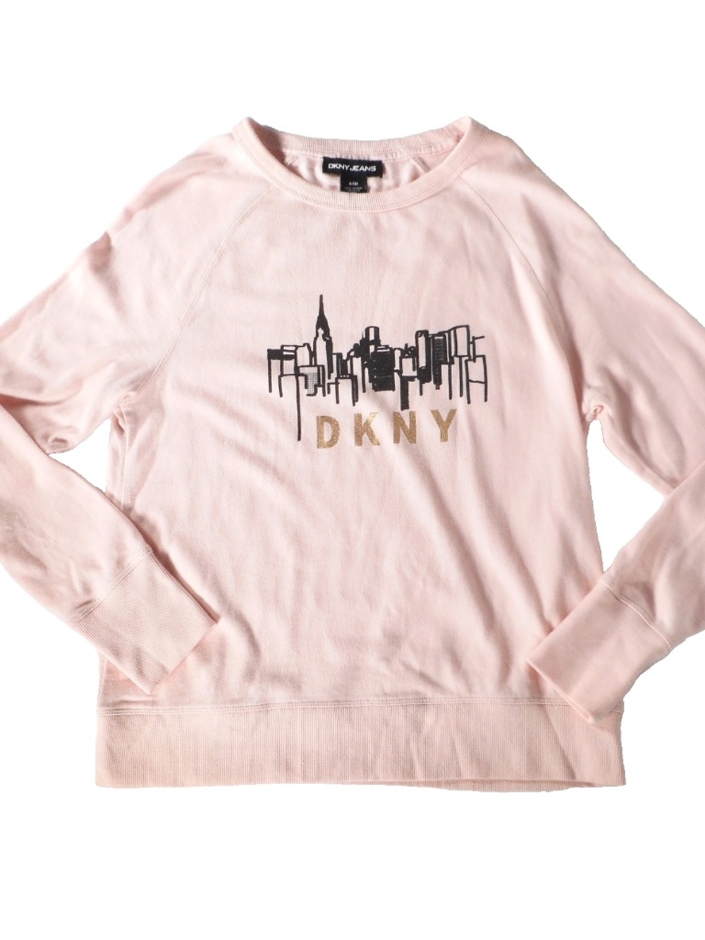 DKNY Logo NY Skyline Womens Sz S Pink Peach Sweatshirt Crew Neck Long Sleeve